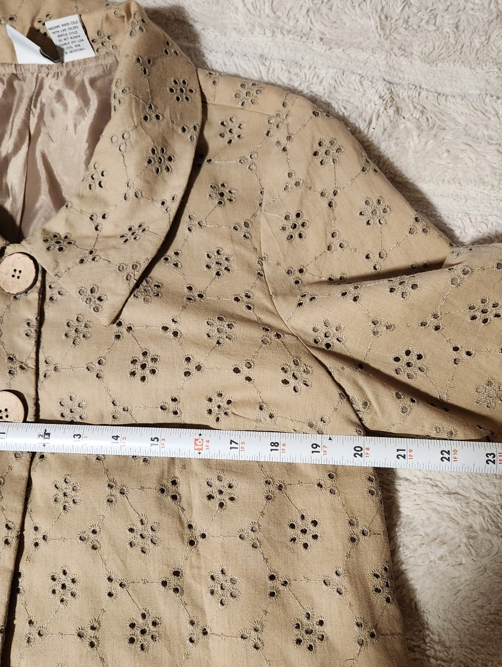STUDIO V Y2K Eyelet Jacket Sz L Tan Cotton Embroidered Lined Boxy Cottagecore - Picture 7 of 8
